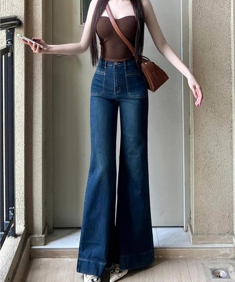 ハイウエスト スリム効果 フレア デニムパンツ  ジーンズ デニム レディース