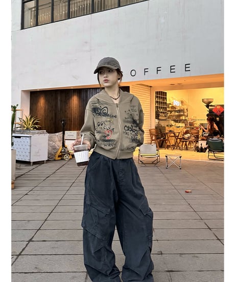 韓国風 落書き ジッパー フード付き プリント スウェットシャツ