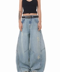 アメリカンレトロ浅青デザイン古着風ストリートバイカーパンツ女性用ルーズワイドレッグ