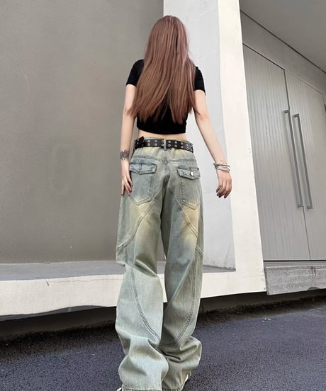 デザイン感 ハイウエスト ゆったり 地面を引きずるパンツ  ジーンズ デニム ユニセックス
