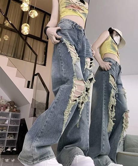 デザイン感 穴あき ルーズ スリム効果 ワイドパンツ  ジーンズ デニム レディース