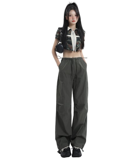 欧米風潮 クールな抽紐  アメカジ ヒップホップ ワイドパンツ 無地 ポリエステル ユニセックス