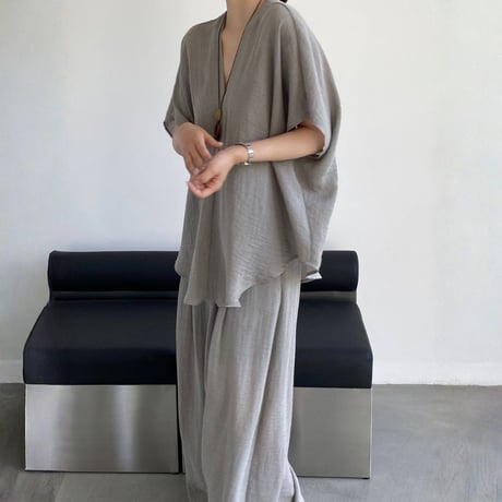 sheer linenlike v neck wide pants setup　MA1979