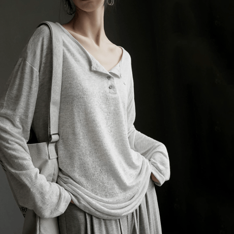 side drawstring sheer henley neck cutsew　MA1946
