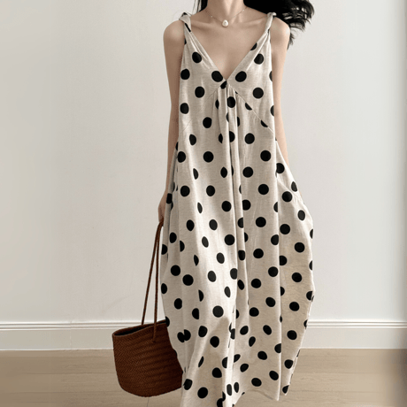 polka dot flare linen dress　MA1573