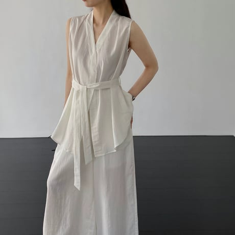 belted sleeveless gilet wide pants setup　MA1981