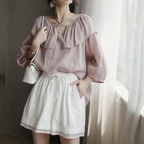 frill collar linen like blouse　MA1943