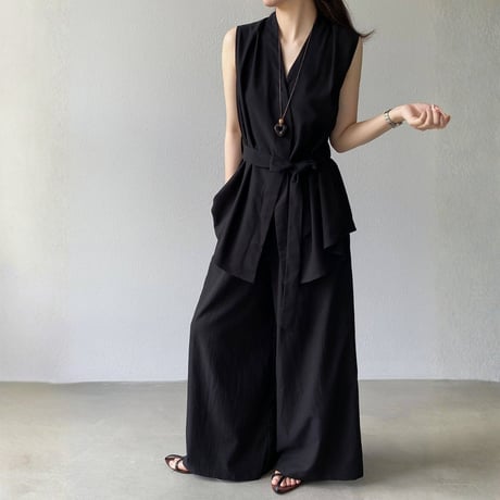 belted sleeveless gilet wide pants setup　MA1981