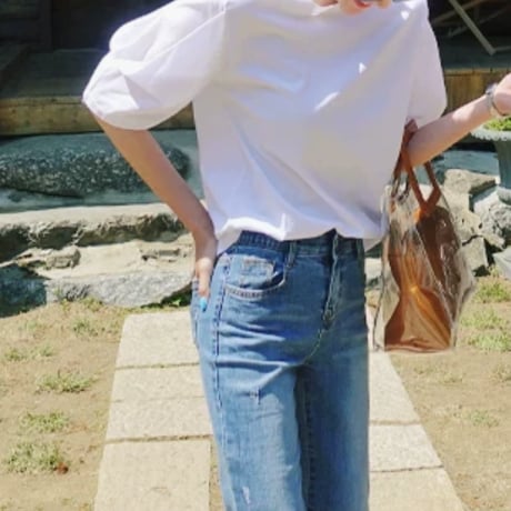 white lantern sleeve round neck t　MA1958