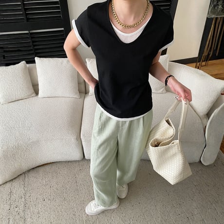 fake layered v neck short sleeve t　MA1955