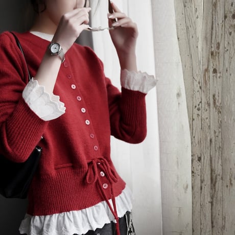 lace layered drawstring knit cardigan　MA1830