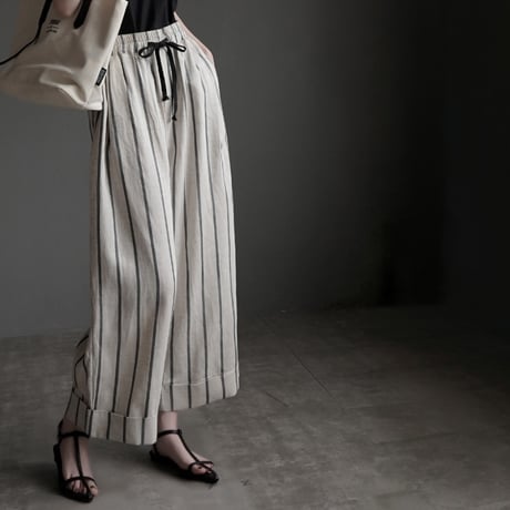 relaxed stripe linen cropped wide leg pants　MA1953