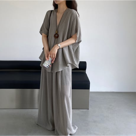 sheer linenlike v neck wide pants setup　MA1979