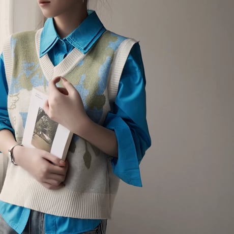 double collar layered shirt and flower knit vest　MA1923