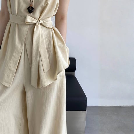 belted sleeveless gilet wide pants setup　MA1981