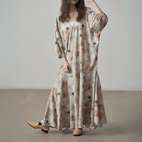 deep v-neck floral pattern mermaid flare dress　MA1415
