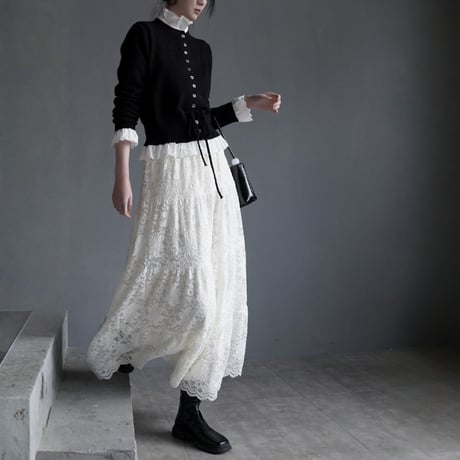 embroidered lace midi flare skirt　MA1831