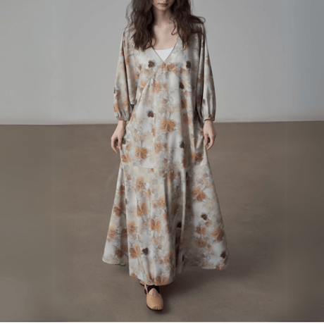 deep v-neck floral pattern mermaid flare dress　MA1415