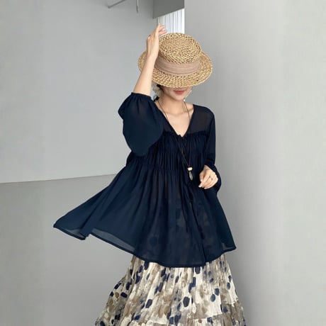 sheer gather ribbon blouse　MA1965