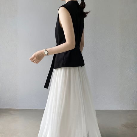 belted sleeveless vest tulle skirt setup　MA1980