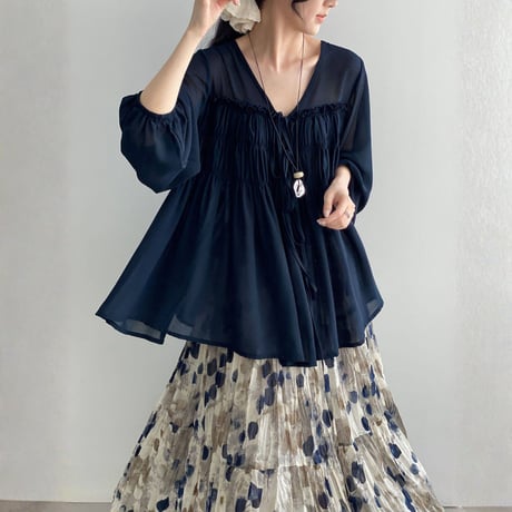 sheer gather ribbon blouse　MA1965