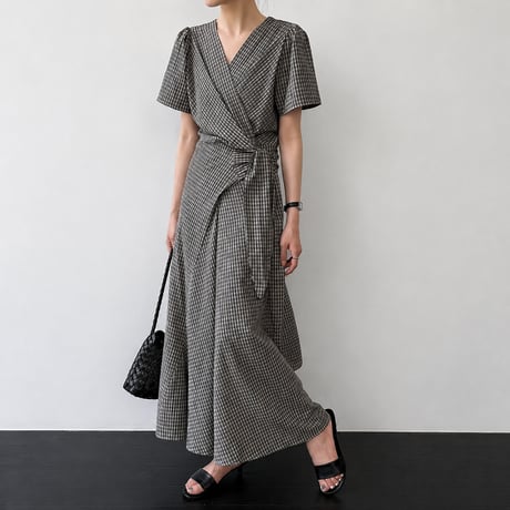 v neck check waist ribbon onepiece　MA1990