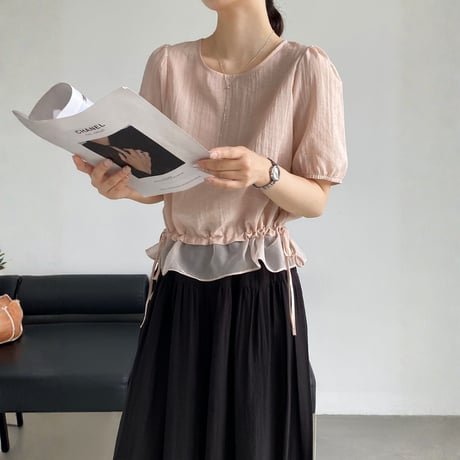 sheer layered drawstring puff sleeve blouse　MA1976