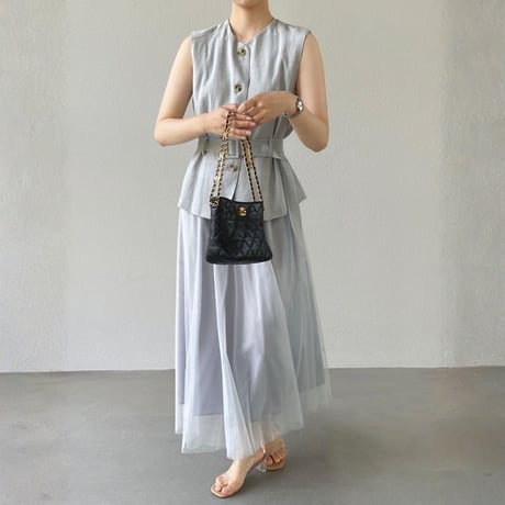 belted sleeveless vest tulle skirt setup　MA1980