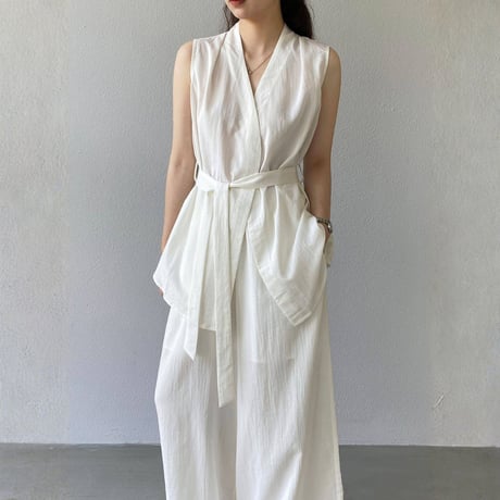 belted sleeveless gilet wide pants setup　MA1981
