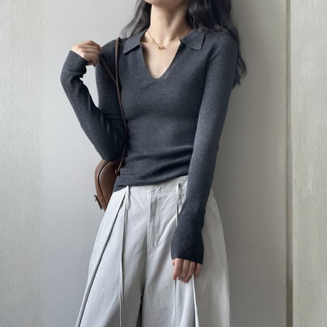 deep v-collar rib knit top　MA1654