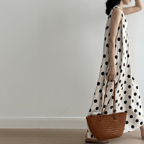 polka dot flare linen dress　MA1573