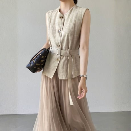 belted sleeveless vest tulle skirt setup　MA1980
