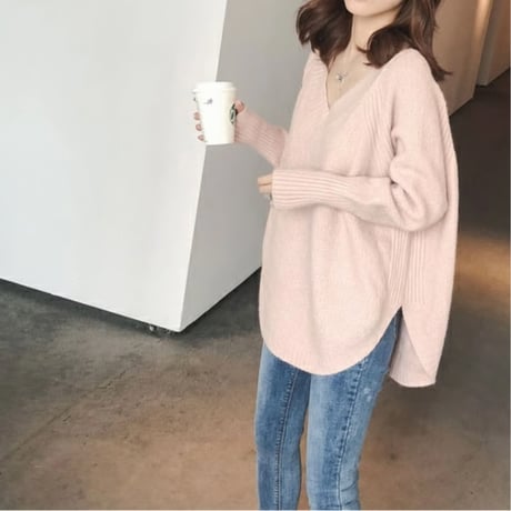 【即納】side slit loose knit pullover　MA1691