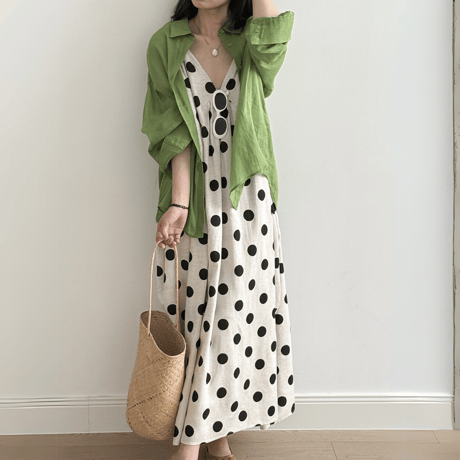 polka dot flare linen dress　MA1573
