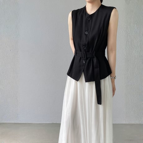 belted sleeveless vest tulle skirt setup　MA1980