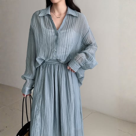 sheer texture loose blouse and skirt set　MA1861