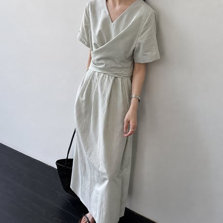 v neck cache coeur waist ribbon long one piece/2color　MA1992