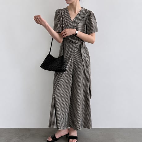 v neck check waist ribbon onepiece　MA1990