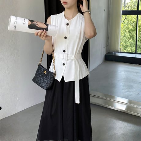 belted sleeveless vest tulle skirt setup　MA1980