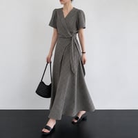 v neck check waist ribbon onepiece　MA1990
