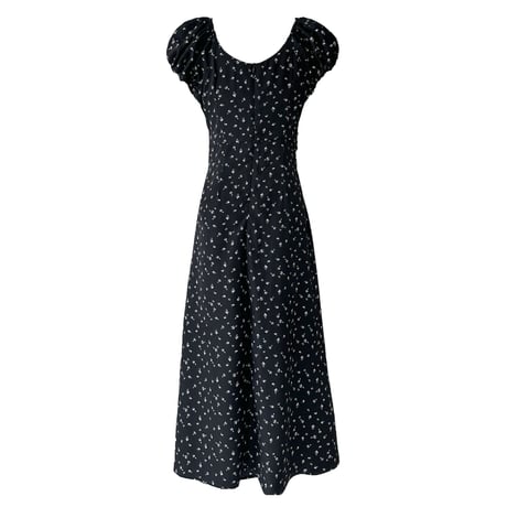 flower square neck puff sleeve waist mark long one piece　MA1991