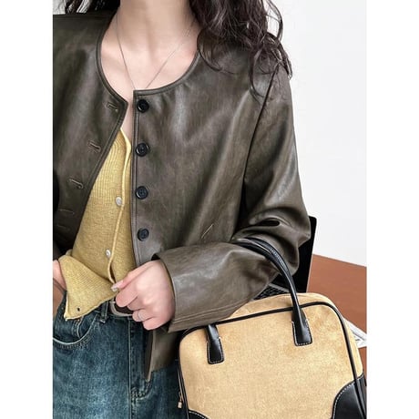 collarless faux leather button jacket　MA1144