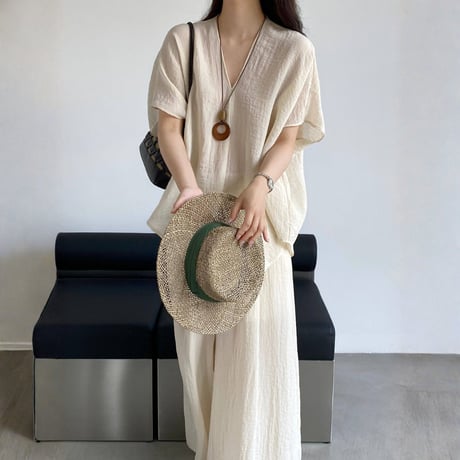 sheer linenlike v neck wide pants setup　MA1979