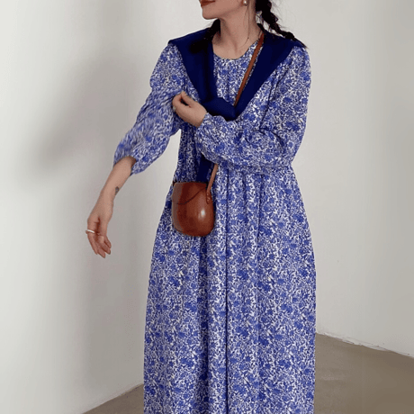 blue floral long dress　MA1460