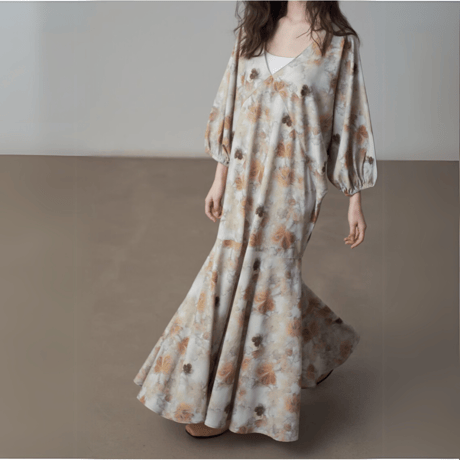 deep v-neck floral pattern mermaid flare dress　MA1415