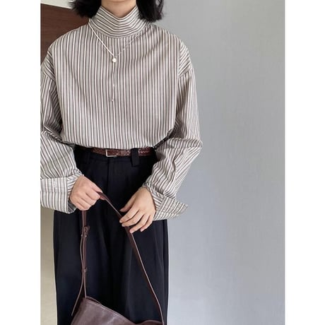 high neck design striped blouse　MA1179