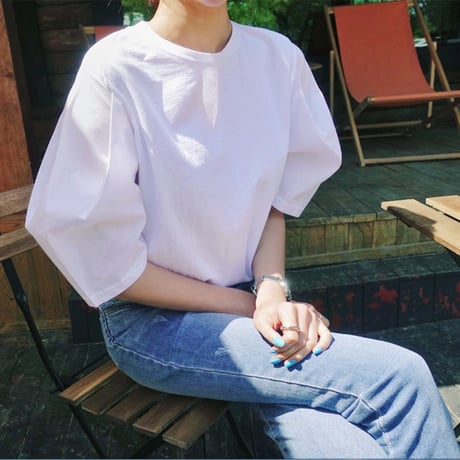 white lantern sleeve round neck t　MA1958