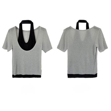 fake layered halter neck knit tops　MA1956