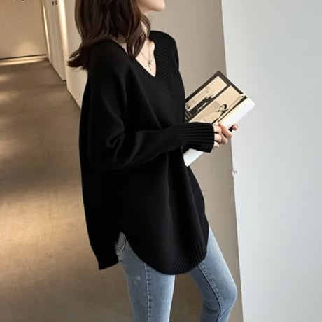 【即納】side slit loose knit pullover　MA1691