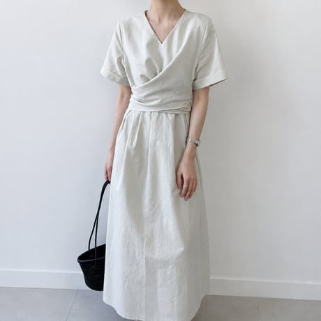 v neck cache coeur waist ribbon long one piece/2color　MA1992